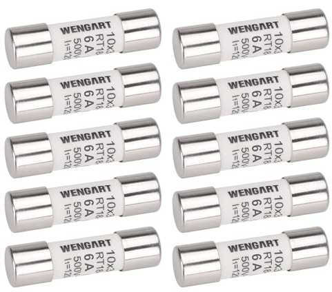 Wengart Inserto fusibile a cilindro AC RT18-32 (RO15), 10 pezzi, 10 x 38 mm, AC500V, 6A 120 kA, forte capacità di commutazione, può proteggere in modo affidabile il circuito