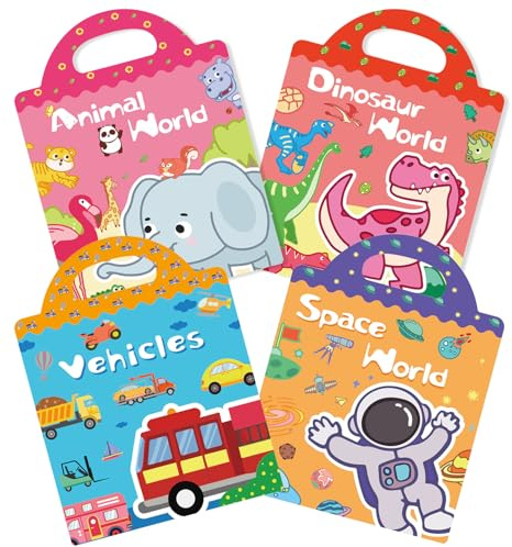 GUYUCOM Paquet de 4 Gommettes repositionnables pour enfants, Livre d'autocollants autocollants réutilisables, dinosaures + animaux + espace + véhicules - jouets éducatifs de voyage cadeaux Dès 2 ans