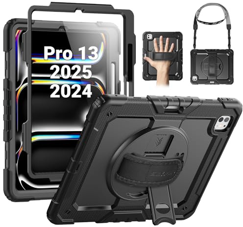 SEYMAC Funda para iPad Pro 13 Pulgadas M5/M4(2025/2024), con Protector de Pantalla, Soporte Giratorio de 360°/Correa de Mano, Correa para el Hombro, con Soporte para Bolígrafo, Negro