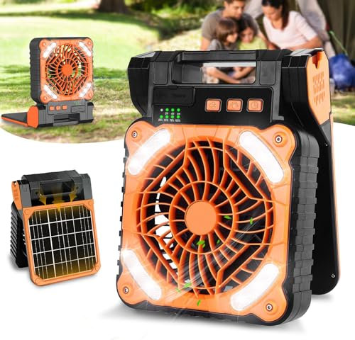 AKOFIC 10400mAh Solar Fan, Camping Fan with Solar Panel, Portable Rechargeable Battery Powered Fan with LED Lantern, 4 Speeds Foldable Silent Tent Fan for Picnic, Barbecue, Fishing, Travel