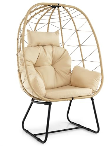 COSTWAY Standing Rattan Garden Egg Basket, Oversized Patio Lounge Chair with Thick Cushions and Headrest, Steel Frame Indoor Outdoor Wicker Teardrop Sofa Seat for Balcony Porch (Beige)