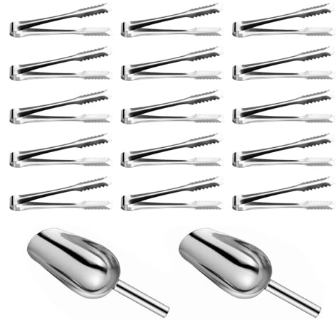 CCHAMP 17x Stainless Steel Ice Scoop and Mini Sugar Tong Set, 2 Metal Sweet Scoops & 15 Small Serving Tongs for Candy Buffet, Ice Cubes, Flour, Wedding, Coffee Bar, Party