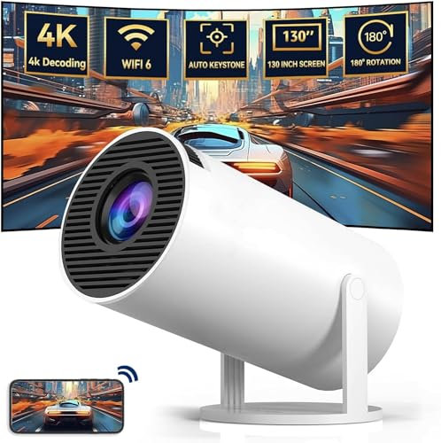 UCMDA Mini Projector Portable 4K - Video Projector Smart 200 ANSI with WiFi 6, BT 5.0, 130 Power Supply, Video Projector 180 Degree Reverse Outdoor Movie Projector, Automatic Keystone