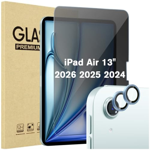 ProCase Sichtschutz Schutzfolie + 2 Pack Kamera-Objektivschutz für iPad Air 13 2025 M3/2024 M2, Privacy Schutzglas Anti-Spy Screen Protector für iPad Air 13 Zoll 2025/2024 -Blau