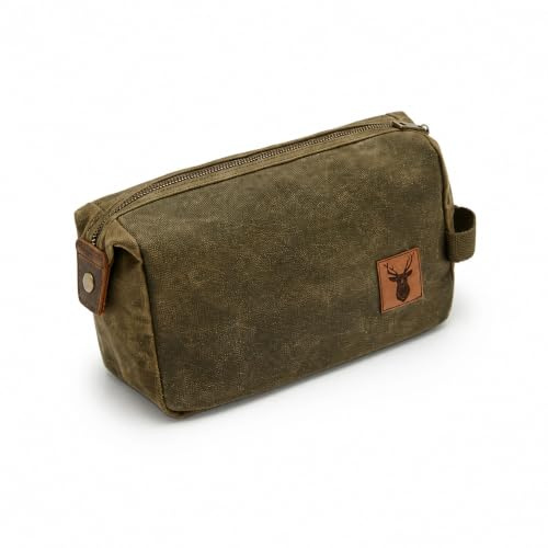 Jäger Kulturtasche für Herren: Hirsch - Reise-Kulturbeutel - Gewachste Baumwolle - Wasserabweisende Tasche für Rasierutensilien - Geschenk für Jäger Natur Outdoor Kletter Wander Zubehör (Olive Green)
