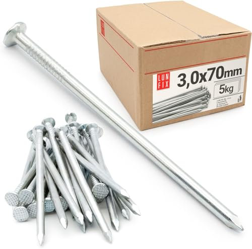 Lun Fix Chiodi in acciaio 3,0 x 70 mm – 5 kg (circa 1325 pezzi) – zincato, con testa svasata, 70 mm di lunghezza (2,8), per costruzione di legno, carpenteria, fai da te e lavori fai da te