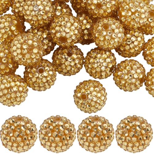 SUNNYCLUE 40Pcs Rhinestone Bubblegum Beads 20mm Disco Ball Bead Bulk Gold Round Resin Chunky Crystal Diamond Spacer Pen Bead Charms for Beaded Pens Keychain Bracelet Necklace Jewellery Making Crafts