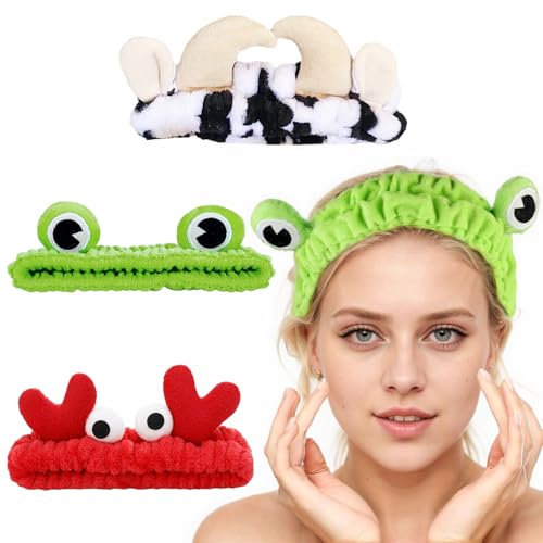 3 Stücke Haarband Kosmetik Stirnband Mit Frosch, Krabbe, Kuh Design Für Frauen und Mädchen (Grün, Rot, Schwarz und Weiß)