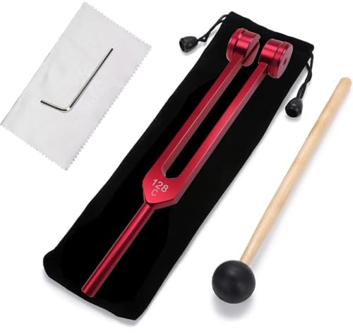 BOBOZHONG Diapason 128 Hz en alliage d'aluminium avec marteau en silicone et marteau à sac, outil de thérapie par le son, pour la méditation et la thérapie, rouge