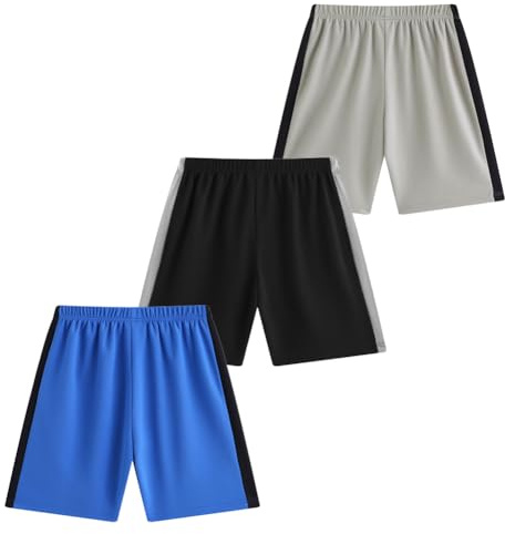 FedMois Shorts de Sport Garçon pour Jogging, Entraînement, Lot de 3, Noir, Gris et Bleu, 12-13 Ans