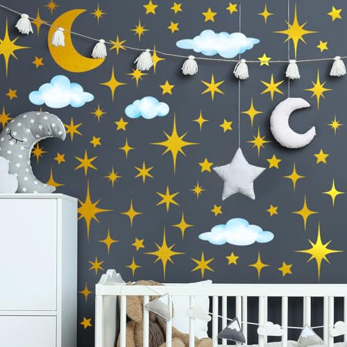 Runtoo Stern-Wandaufkleber für Kinderzimmer, glitzernd, goldfarben, Mond, Wolke, Sterne, Wandaufkleber, zum Abziehen und Aufkleben, Mädchen-Schlafzimmer, Kinderdekoration