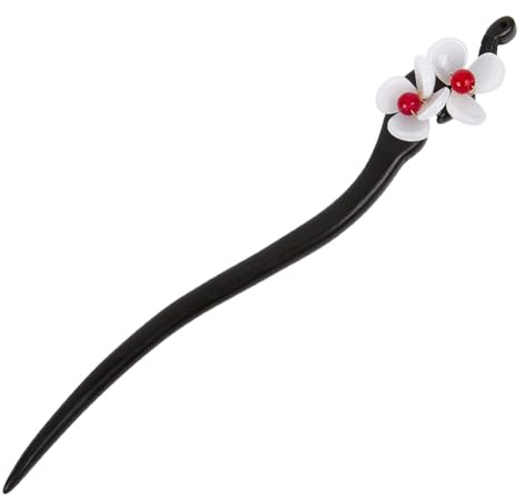CREATCABIN Palillos de Madera para el Pelo, Estilo Chino Vintage Negro para Moño con Flores Blancas para Hanfu Tocado Peinado Fijo para Cabello Largo Regalo para Mujer Accesorio para Vestido 17.8cm