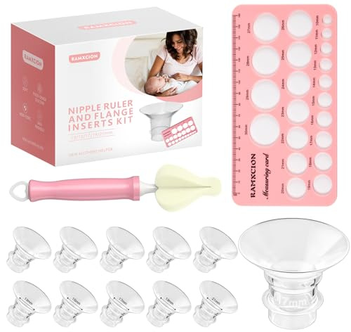 RAMXCION Nipple Rulers with 10PCS Flange Inserts 13/15/17/19/21mm Compatible with 24mm Flanges/Shield of Most Breast Pumps, Silicone Flange Sizing Breast Pumps Accessories for New Moms (Transparent)