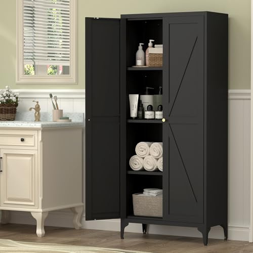 STEELIST Metal Storage Cabinet with 2 Doors and 3 Adjustable Shelves - 165cm Black Heavy-Duty Cabinet, 4-Tier Tall Steel Cabinets for Home Office, Living Room, Bathroom Assembly Required