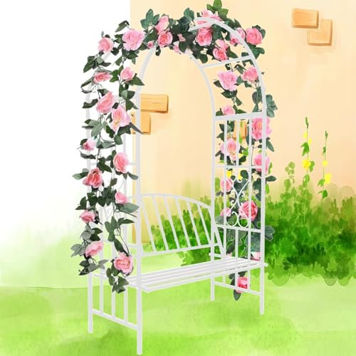 Générique Arche Jardin avec Banc,Arche à rosiers en Acier avec siège pour 2 Personnes,Tonnelle Jardin en Métal pour Plantes grimpantes Arceau à rosiers avec Banc,Hauteur 206cm(Blanc)