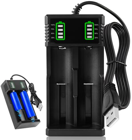 Cargador de Pilas Recargables 18650 Cargador Batería USB Inteligente Rápido 2 Ranuras Litio LCD para Li-Ion 18500 18490 18350 17650 17670 17500 22650 25500 22700 26650 14500 20700 21700 con Puerto USB