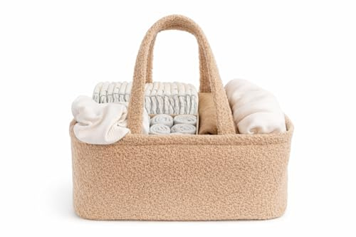 Teddy Wickelkorb Baby - Windel Organizer in weicher Lammfell-Optik - Wickeltisch Aufbewahrung Beige - Windeltasche für unterwegs & Zuhause - Modernes Boho Design - Baby Newborn Geschenk