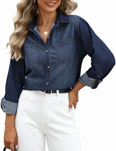 PASUDA Camicia Donna Jeans a Manica Lunga Elegante Camicetta con Scollo a V Cotone Blusa con Bottoni Tinta Unita Denim Shirt Casual Top da Lavoro (Blu Scuro, L)