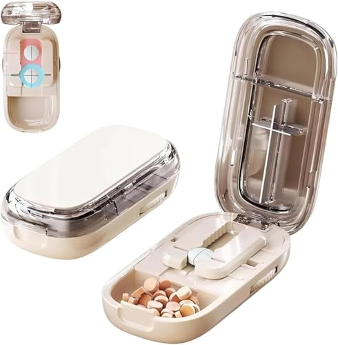 Starnearby Taglia Pillole Portatile, Taglia Pastiglie in 2 in 4 di Precisione, Divisore Compresse Regolabile, Portapillole con Taglierina per Compresse Piccole e Grandi (Bianco, 1/2 + 1/4)