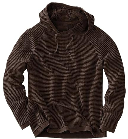 Huvtröjor för män Storbritannien, solid pläd jacquard stickad tröja med ficka, långärmad dragsko vardagliga toppar, Kaffe, 3XL
