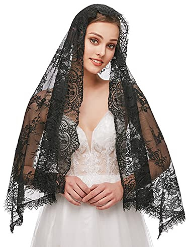 Voile de masse latine belle dentelle florale pour Mantilla voiles pour couvrir la tête des femmes voiles pour catholique Chap Lace Mantilla voile catholique, Noir , Taille unique