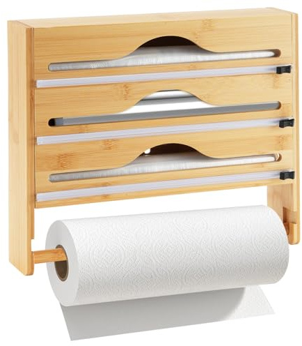 Autumndeer Frischhaltefolienspender mit Cutter, 3 in 1 Alufolienspender mit Schneider, Küchenrollenhalter aus Bambus, für Alufolie, Frischhaltefolie und Wachspapier, Wandmontage Rollenhalter