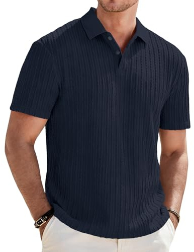 Focixfor Men's Polo Shirts Short Sleeve Button Regular Fit Casual Golf Striped Shirt