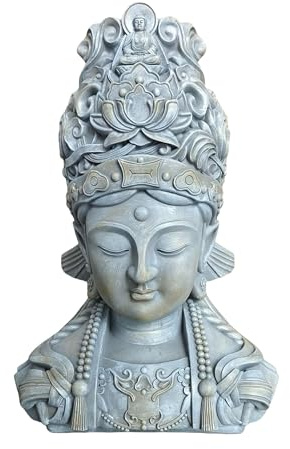 Relaxdays Buddha Büste, HBT: 44x32x21 cm, Zen-Deko für Wohnzimmer & Garten, Dekofigur, wetterfest, frostsicher, hellgrau