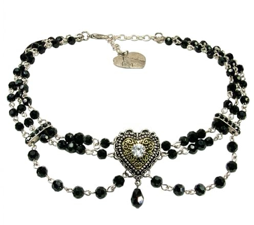 Alpenflüstern DHK230 Collier ras-du-cou avec perles en forme de cœur – Élégant collier traditionnel nostalgique pour femme (noir et blanc crème), celui qui est, Métal
