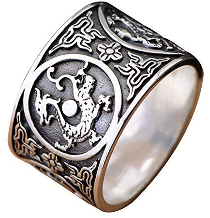 Schwarz Breit 999 Sterling Silber Bandring Ring Graviert Drachen Tiger Schildkröte Vermilion Vogel Vintage Chinesischer Schmuck für Herren Damen 14mm 66