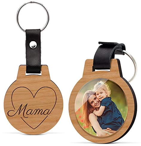 CHRISCK design Schlüsselanhänger personalisiert mit Foto und Gravur aus echtem Holz (Nussbaum oder Kirsche) – Foto auf Acrylglas kratzfest – Geschenk für Mama zum Muttertag – Fotogeschenk mit Namen