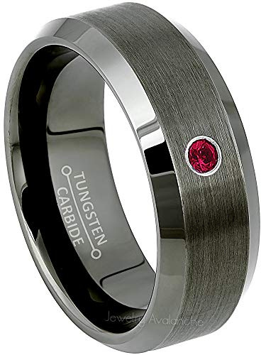 Jewelry Avalanche 0.07ct Ruby Mens Tungsten Ring - July Birthstone Ring - 8MM Beveled Edge Gunmetal (Dark Gray) Mens Tungsten Carbide Wedding Band, Anniversary Ring - 9.5