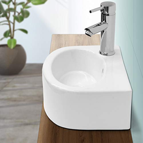 ECD Germany Lavabo à Poser de Salle de Bain, 335x255x130 mm, Trou de Robinet à Droite, en Céramique, Blanc, Vasque Suspendu Évier Arrondie, Lave-Mains avec Trop-Plein, sans Vanne de Vidange