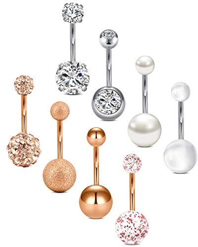 vcmart 8er Bauchnabelpiercing 12mm Set Chirurgenstahl Silber Rosegold Piercing Bauchnabel Zirkonia Diamant