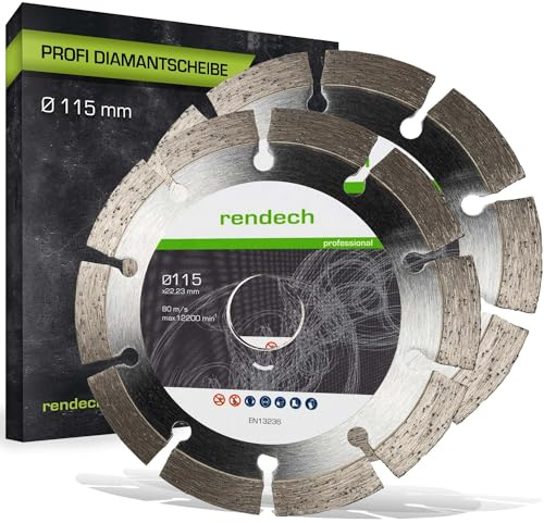2x rendech® Profi Diamantscheibe 115mm mit 10mm Block-Segment | Ideal für Beton, Stein, Mauerwerk, Granit, Ziegel uvm. - Zubehör für Winkelschleifer mit hoher Schneidleistung