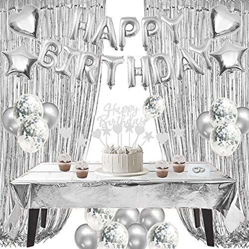 ZERODECO Décorations d'anniversaire aluminium - Bannière de Happy Birthday - Bannière à franges, rideaux brillants - Drapeau de gâteau, étoiles et cœurs - Ballons confettis pour fête d'anniversaire
