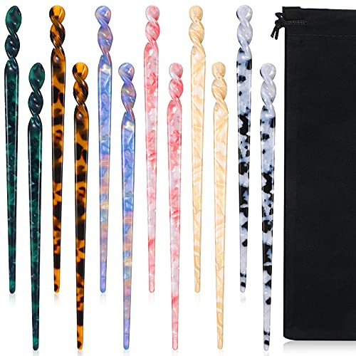 12 Pieces Acetate Hair Sticks Hair Chopsticks Tortoise Shell Leopard Print Shell Pins Vintage Chinese Chopstick Styling Accessories for Women, 6 Style(Fresh Pattern)