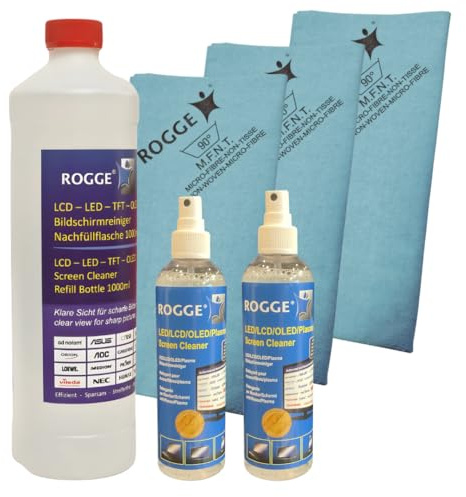 ROGGE Nettoyant pour écran 1000 ml + 2 bouteilles vides de 250 ml + 3 chiffons de nettoyage en microfibre 1000 ml
