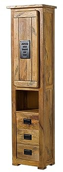 MASSIVMOEBEL24.DE|Railway massiver Hochschrank Natur, lackiert | aus Mangoholz | 50x35x195 | 4 Fächer + 3 Schubladen - mit Tür | Aufbewahrungsschrank Flurschrank