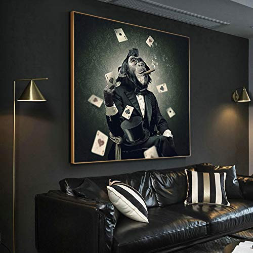 Tiere Poster und Drucke Wohnkultur - Rauchen und Spielkarten Affe Leinwand Malerei Wandkunst Bilder für Wohnzimmer 60x60cm (24x24in) Mit Rahmen