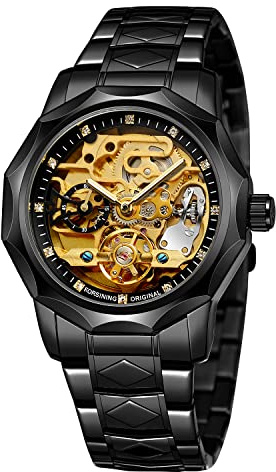 Herrklocka, tourbillon-design, analog klocka med skeletturtavla, automatisk klocka i rostfritt stål, mekanisk klocka för män