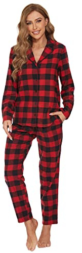 Mnemo Home Damen Schlafanzug Lang Flanell Pyjama Damen 100% Baumwolle aus Flanell