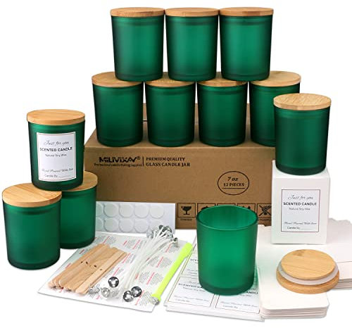 MILIVIXAY 12 Pack 7 OZ Matt Green Glass Candle Jars with Lids and Candle Making Kits - Bulk Empty Candle Jars for Making Candles - Spice, Powder Containers.