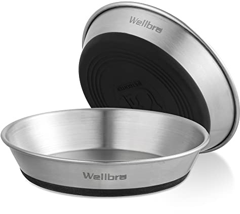 Wellbro Cat Bowls, 2 Pcs Stainless Steel Cat Bowls for Food and Water, Whisker Fatigue Shallow Non-Slip Dishes Plates for Small Dog Puppies Cats