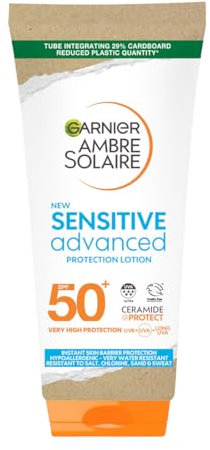 Garnier Ambre Solaire SPF 50+ Sensitive Advanced Sun Cream, High Protection, Water Resistant, Non-Greasy, No White Marks, Hypoallergenic, Fragrance-Free, UVA UVB Protection with Ceramide, 175ml