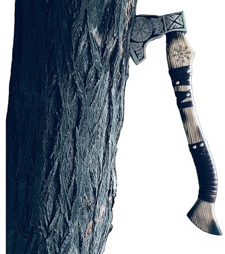 [Dark Warrior] Handmade Forged Carbon Steel Aegishjalmr Viking Axe with Sheath - Traditional Norse Bearded Axe Hatchet - 'Helm of Awe' Symbol Hand Craved Solid Handle (Aegishjalmr Viking Axe 22)