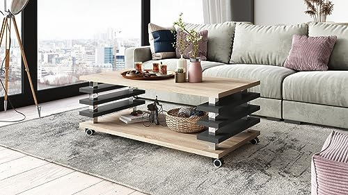 Carl Svensson Couchtisch DC-3 Sonoma Eiche / Anthrazit matt 120x60cm mit Ablage modern stabil vielseitig Wohnzimmertisch Beistelltisch Sofatisch Zeitloses platzsparend robust Wohnzimmer mit Rollen