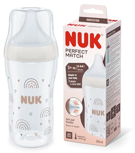 NUK Perfect Match Baby Bottle | 3+ Months | Adapts to Baby's Palate | Temperature Control | Anti Colic Vent | 260 ml | BPA-Free | Medium Silicone Teat | Rainbow