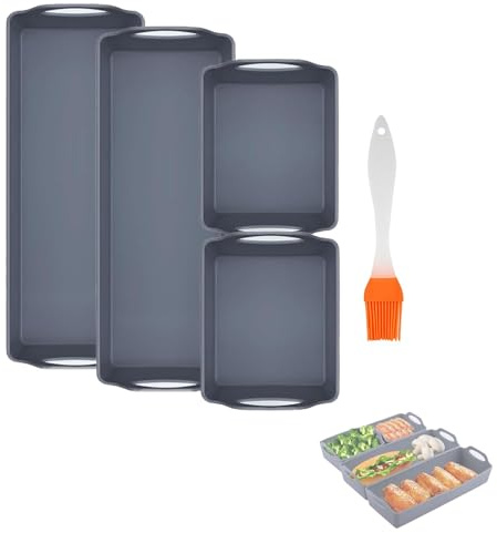 Silicone Baking Trays Non-Stick, 4pcs Silicone Baking Sheets Pan Dividers, Baking Tray for Oven, Oven Tray Set with Oil Brush for Roasting and Cooking, Dishwasher Safe(Gray)