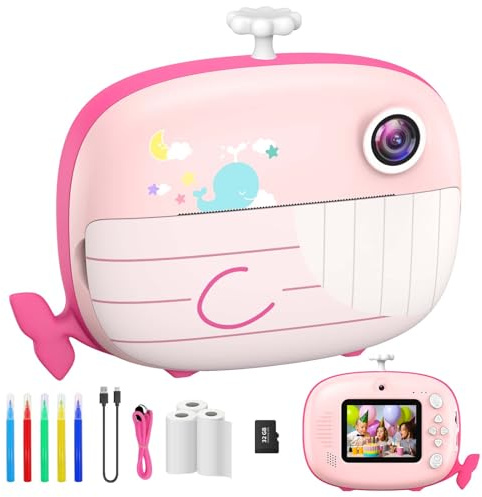 Ushining Macchina Fotografica Bambini Istantanea, 2,4 Pollici 1080P Fotocamera Digitale, Con 32GB TF Scheda e Stampa Penne Colorate, Regalo per 3-12 Anni